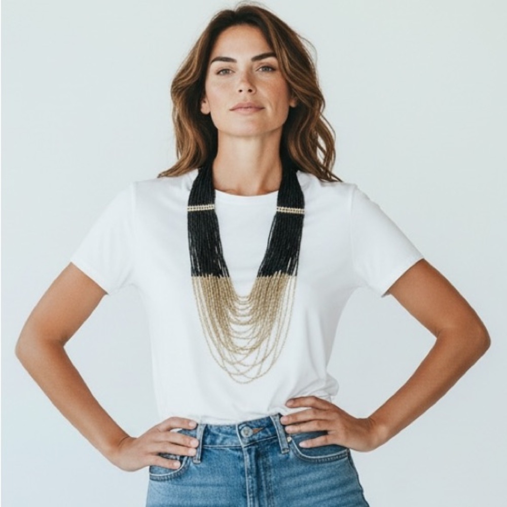 New Colleen Lopez HSN Long Layered Black & Gold Multi-Strand Ethnic Necklace WOW